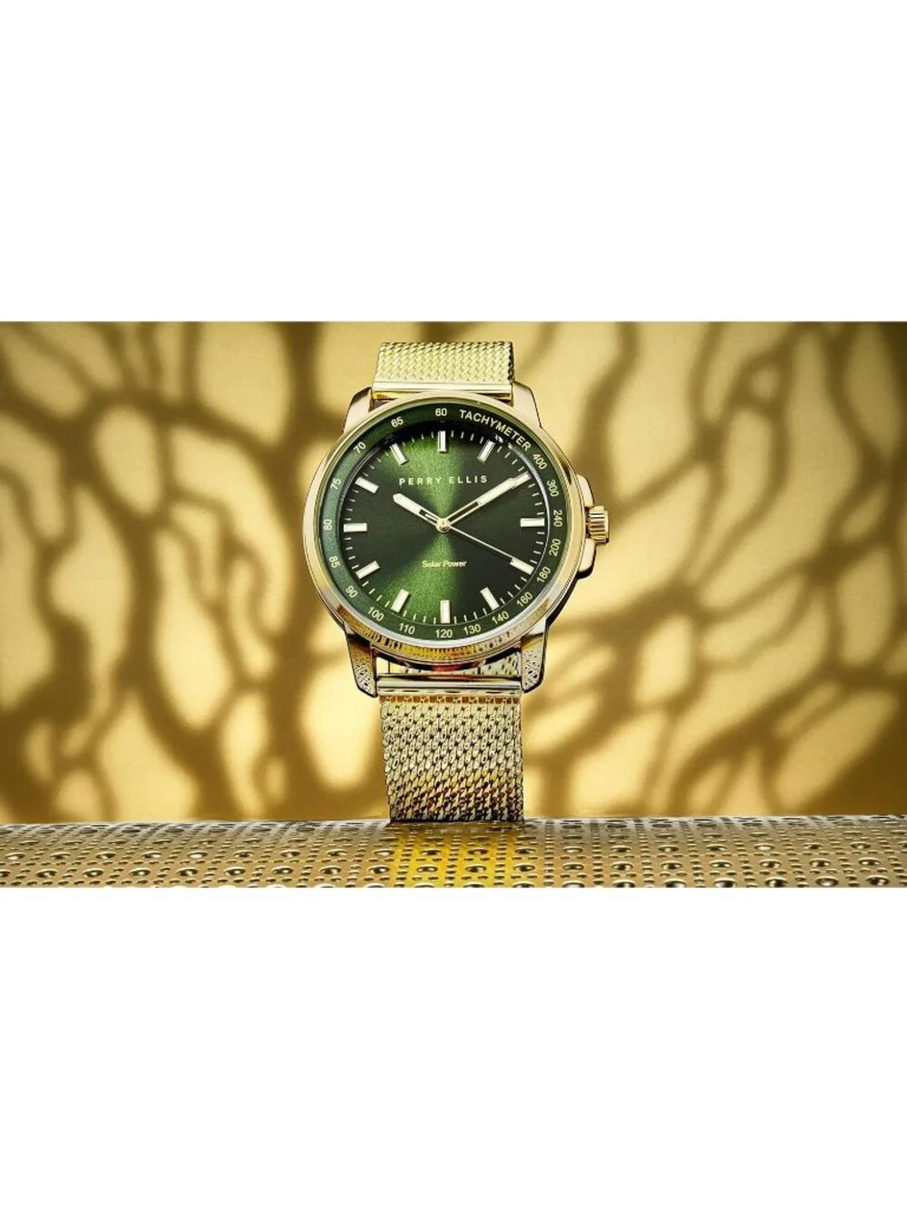 Men's Gold Steel Mesh Band Aluminum Tachymeter Bezel Water-Resistant Wrist Watch